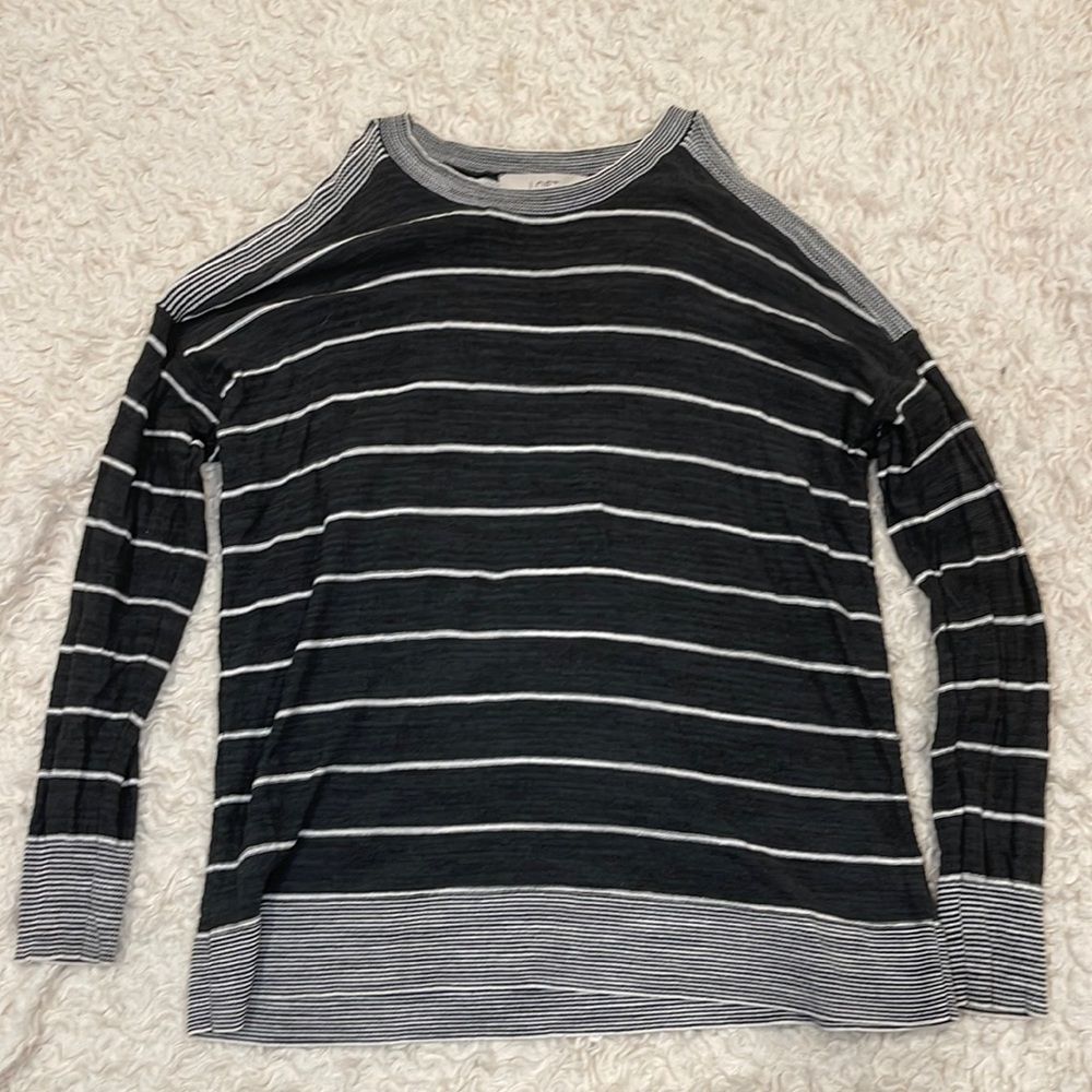 LOFT Gray Striped Open Shoulder Sweater. Size S.